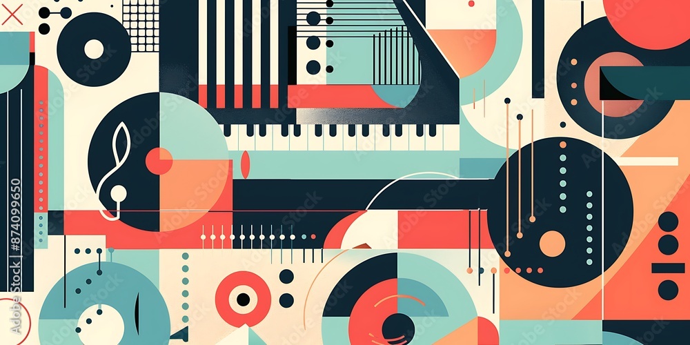 Poster a retro poster with bold geometric shapes and contrasting colors, such as circles, squares and lines