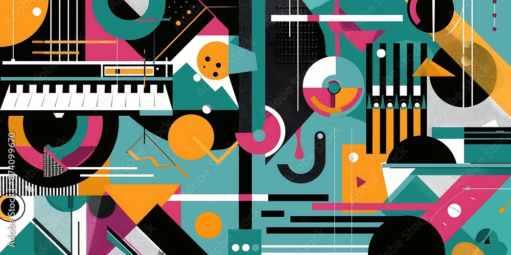 Poster a retro poster with bold geometric shapes and contrasting colors, such as circles, squares and lines