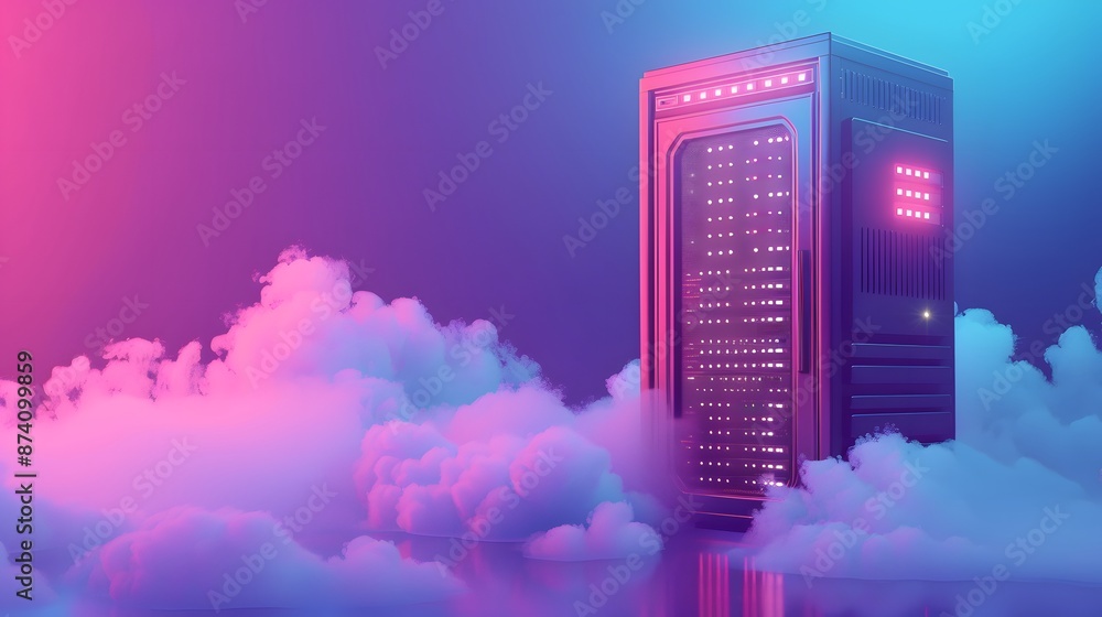 Poster futuristic server tower in colorful neon clouds, symbolizing cloud computing, data storage, and tech