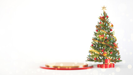 Christmas tree podium with red, gold colors and new year's eve gifts on white background, 3d render