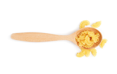 Wooden spoon with uncooked pasta on white background