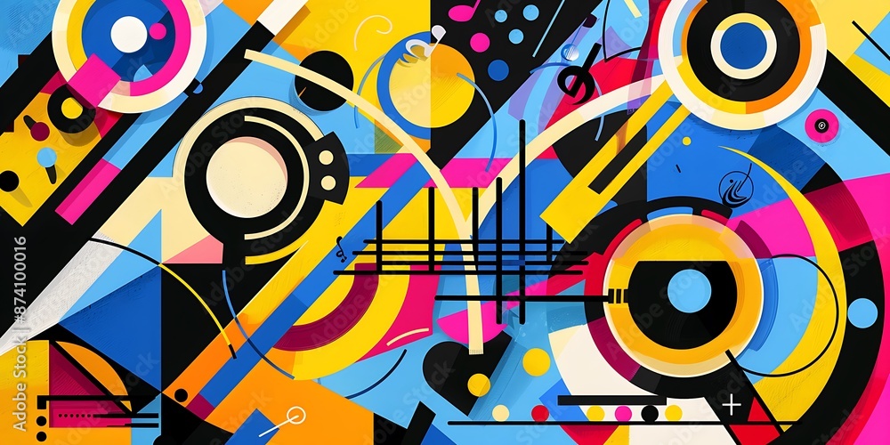 Poster a retro poster with bold geometric shapes and contrasting colors, such as circles, squares and lines