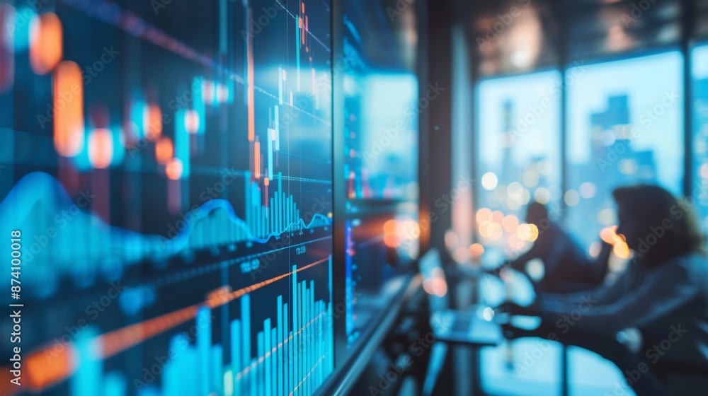 Aufkleber a business meeting with participants focused on a projector screen displaying stock market graphs.