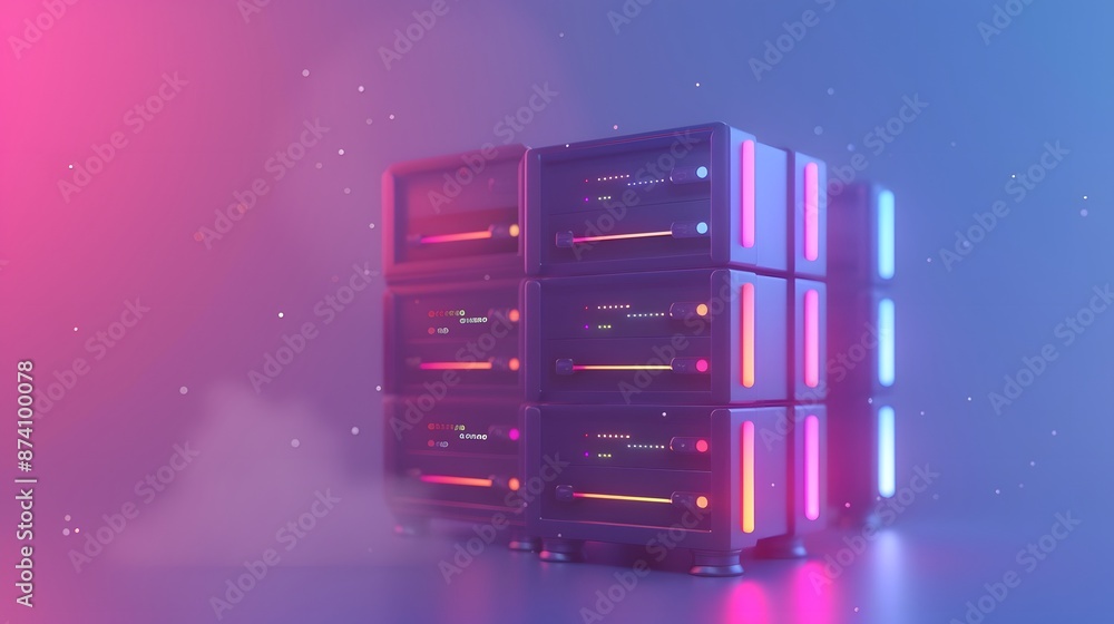 Poster glowing data servers in a futuristic setting with pink and blue neon lights, representing high-tech 