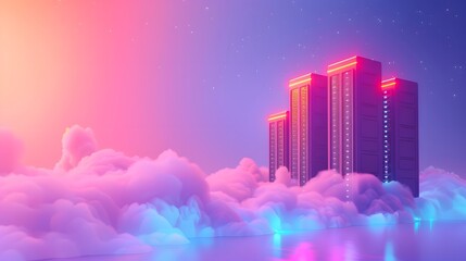 Futuristic skyscrapers illuminated by neon lights float above pink and orange clouds at sunset, showcasing a surreal urban fantasy landscape.