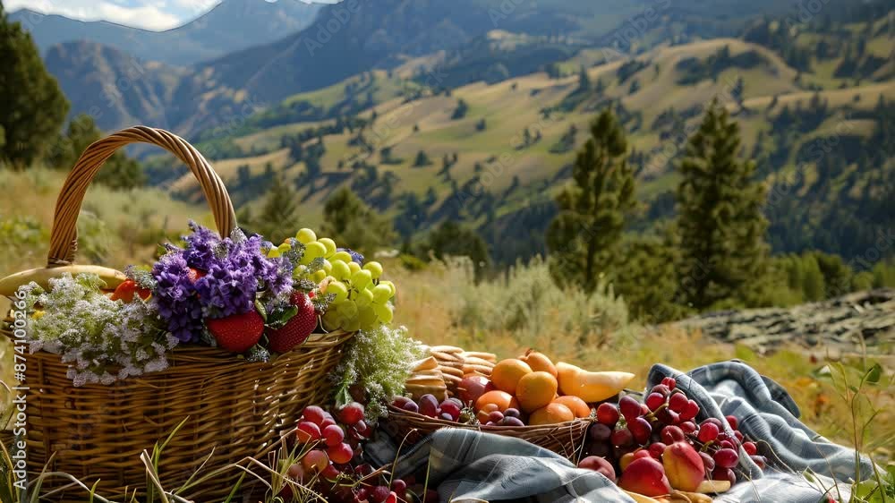 Poster a picnic basket filled to the brim with local fruits homemade dips and crackers all enjoyed while ta
