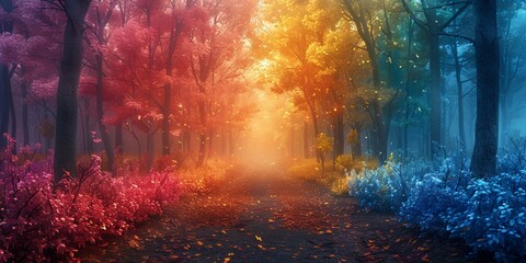 a painting of a colorful forest with trees.