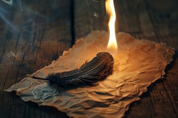 Vintage quill and parchment burning with a flaming edge on a wooden backdrop