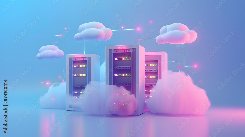 Poster modern cloud computing concept with servers and fluffy clouds connected. futuristic data storage and