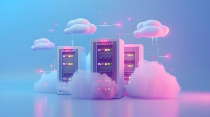 Modern cloud computing concept with servers and fluffy clouds connected. Futuristic data storage and technology infrastructure.