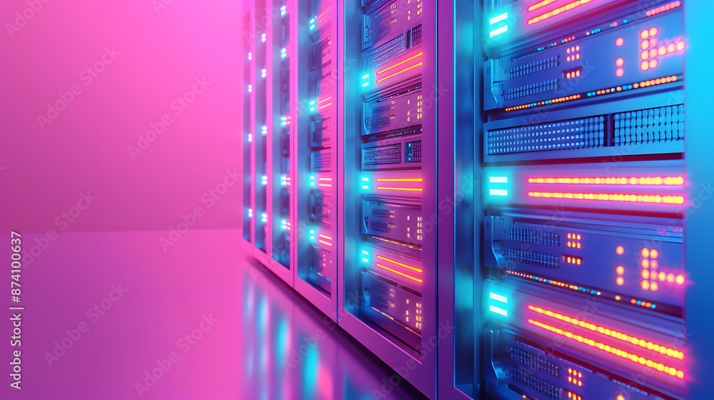 Aufkleber modern data center server rack, illuminated in neon pink and blue lights, symbolizing high technolog