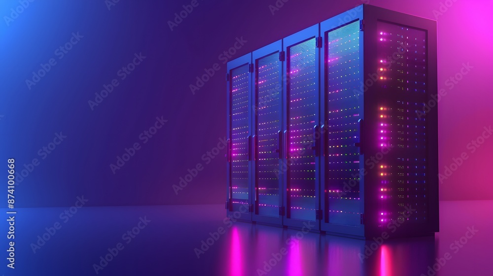 Poster modern data center server farm with colorful lights, reflecting high-tech infrastructure and digital