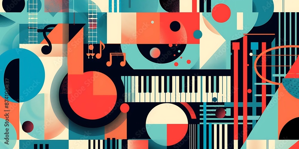 Poster a retro poster with bold geometric shapes and contrasting colors, such as circles, squares and lines