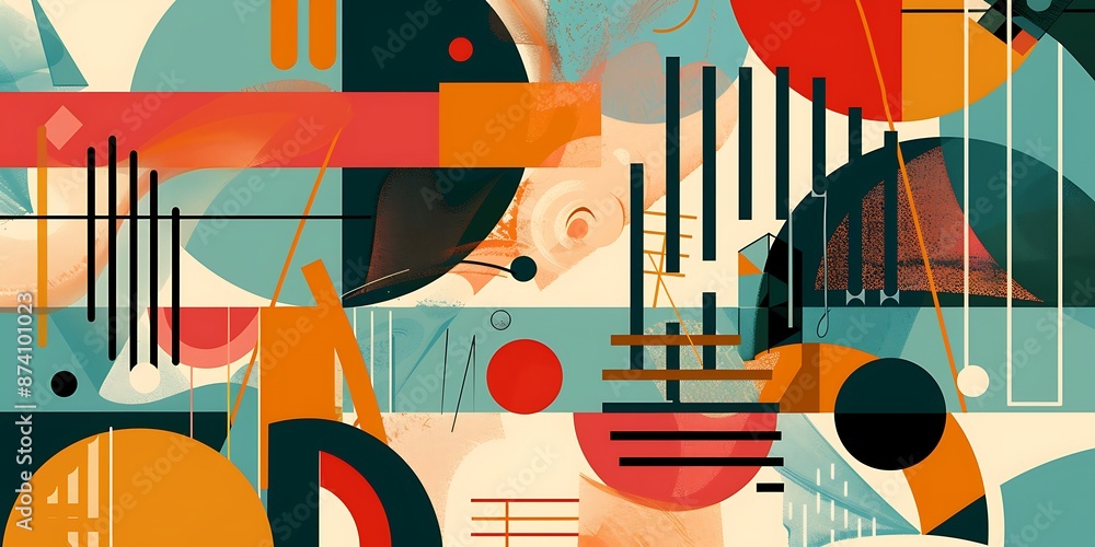 Poster a retro poster with bold geometric shapes and contrasting colors, such as circles, squares and lines