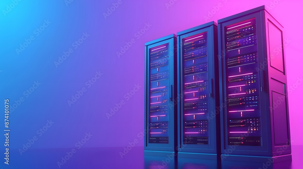 Poster modern data center server racks with neon lighting, illustrating advanced technology and digital inf