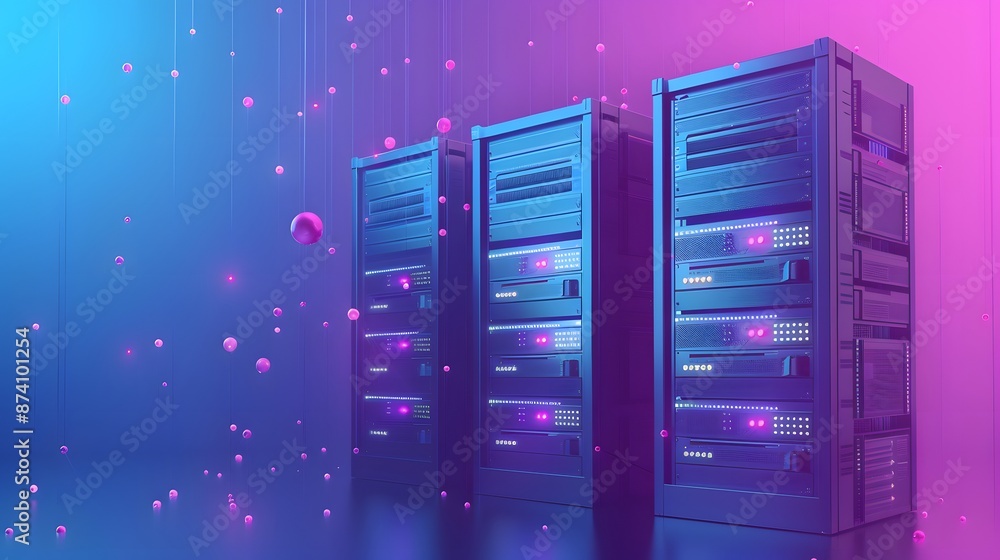 Poster modern data center server racks with vibrant pink and blue lighting, highlighting advanced technolog