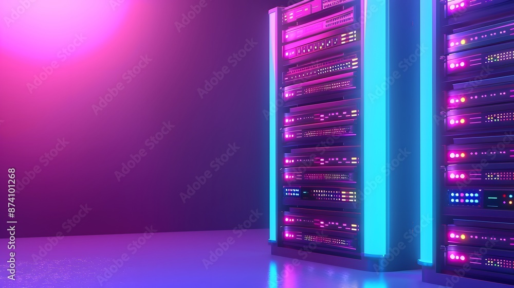 Poster modern data center server racks with vibrant purple and blue lighting, showcasing advanced technolog