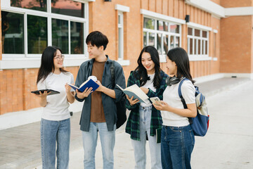 Young Asian college students and a female student group work at the campus park