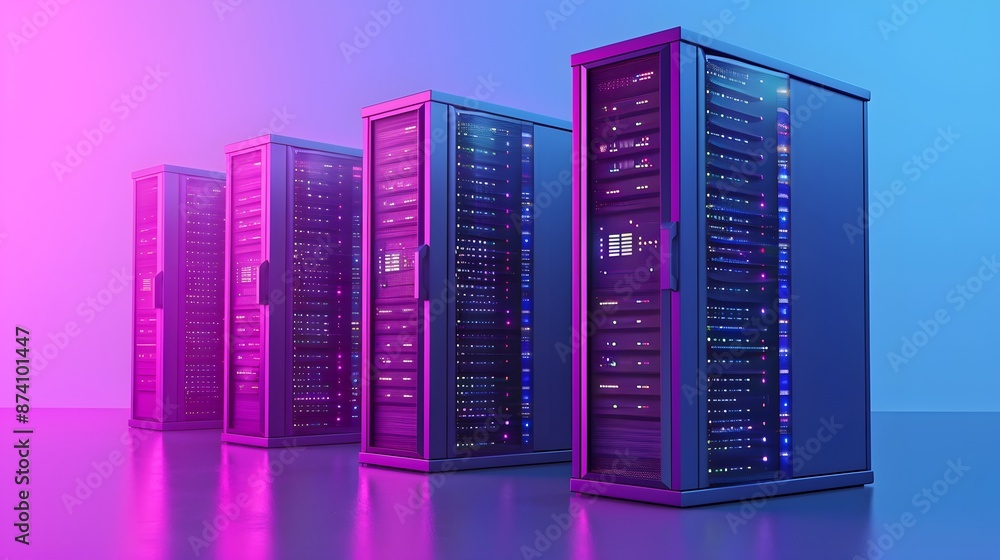 Poster modern data center with blue and pink lighting showcasing server racks, representing advanced techno