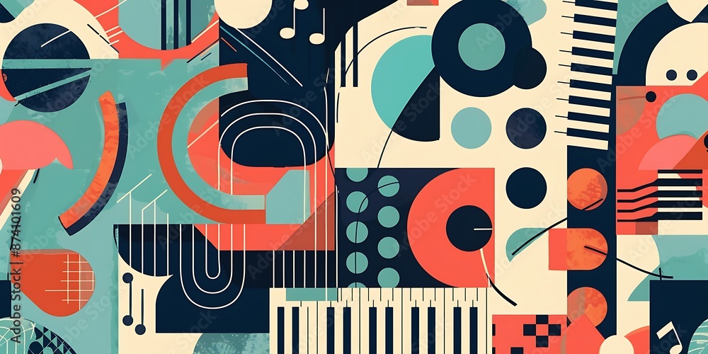Poster a retro poster with bold geometric shapes and contrasting colors, such as circles, squares and lines