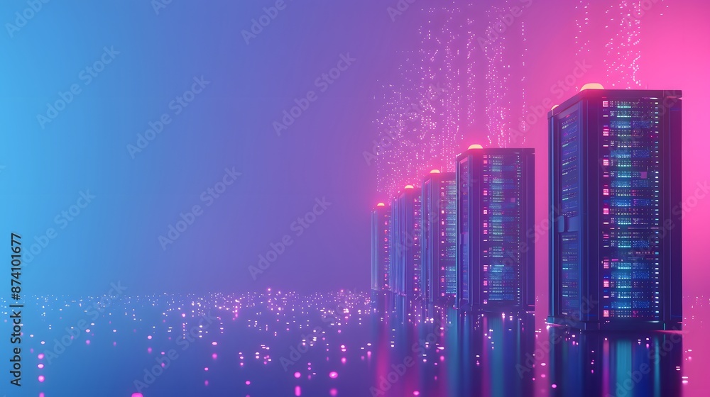 Poster modern data center with futuristic server racks and glowing lights in a colorful, digital environmen
