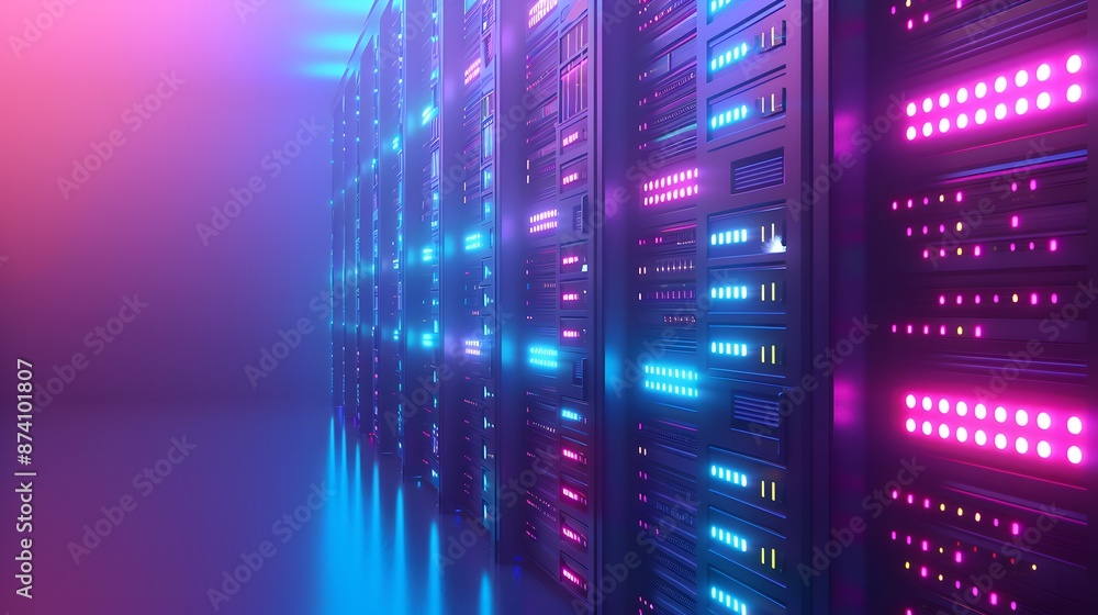 Poster Modern data center with glowing server racks, illustrating high-tech infrastructure and advanced data storage solutions.