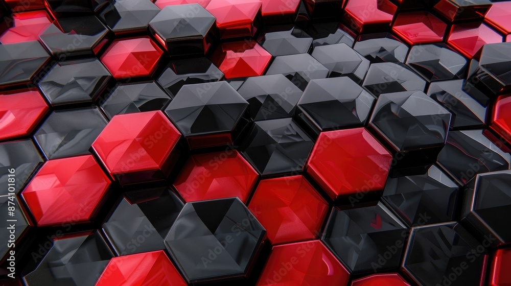 Poster abstract geometric background with shiny red and black glossy hexagons