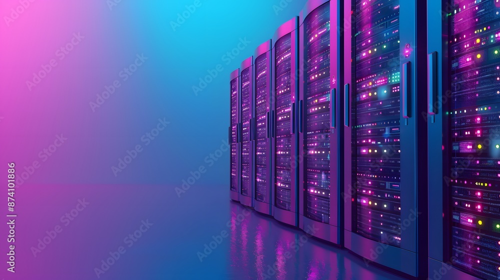 Poster modern data center with glowing server racks and colorful lights, showcasing advanced technology and