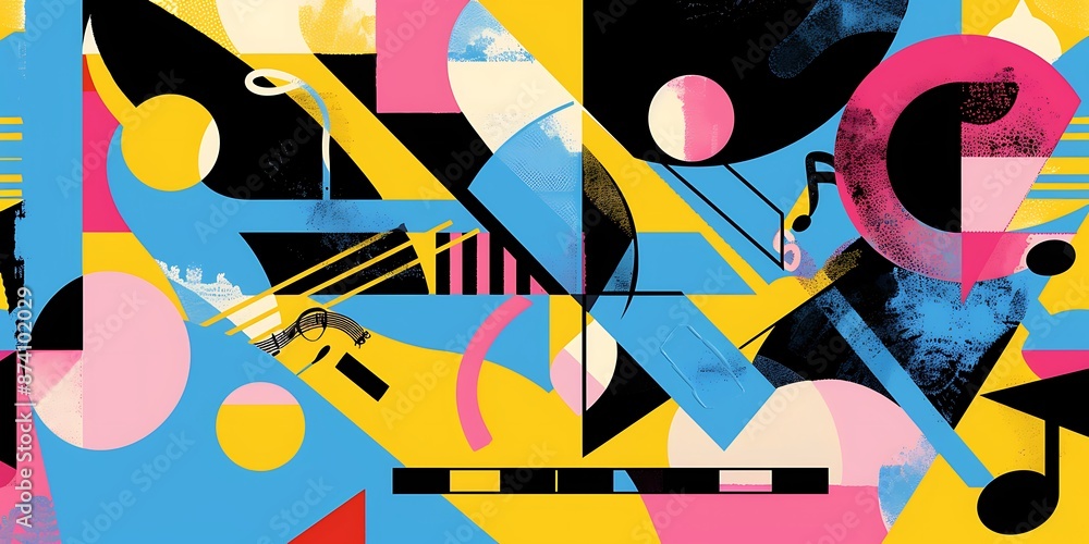 Poster a retro poster with bold geometric shapes and contrasting colors, such as circles, squares and lines