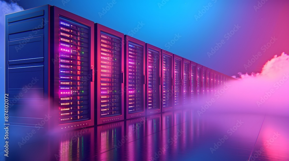 Poster modern data center with glowing servers and misty ambiance, representing futuristic cloud computing 