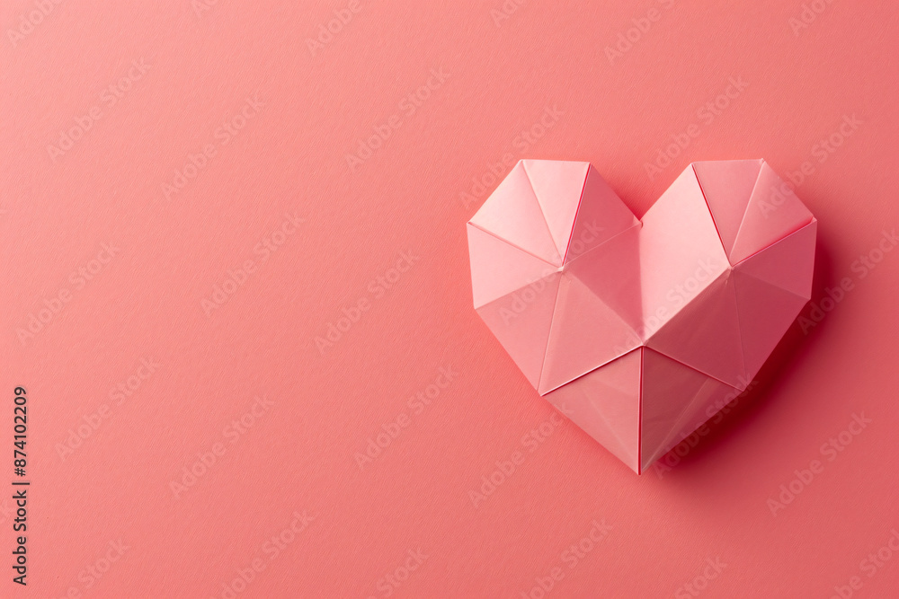 Poster minimalist pink background with a simple heart shape made of paper origami in a flat lay top view. v