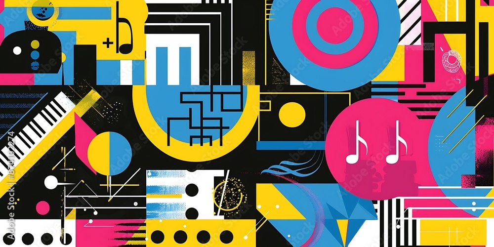 Poster a retro poster with bold geometric shapes and contrasting colors, such as circles, squares and lines