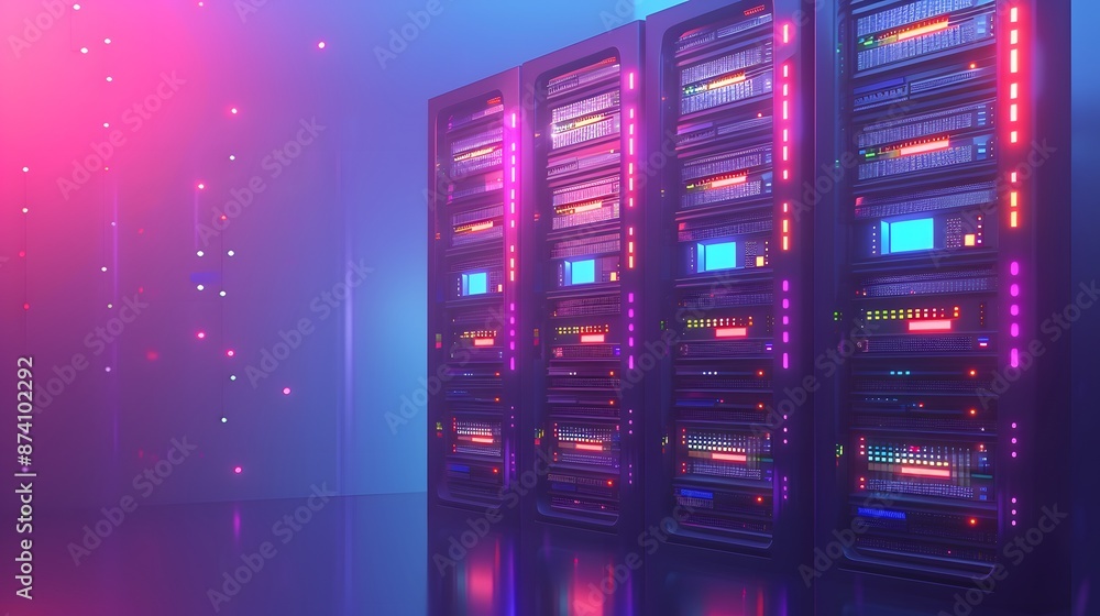 Poster modern data center with illuminated server racks and glowing lights in a futuristic tech environment