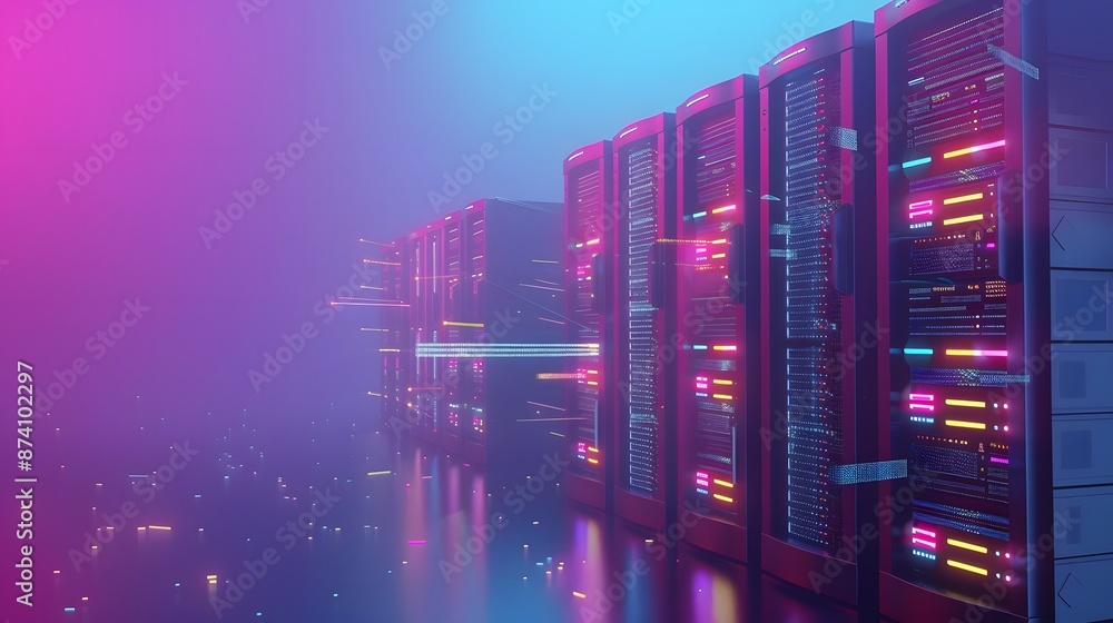 Poster modern data center with illuminated server racks in a techy neon glow environment, showcasing futuri