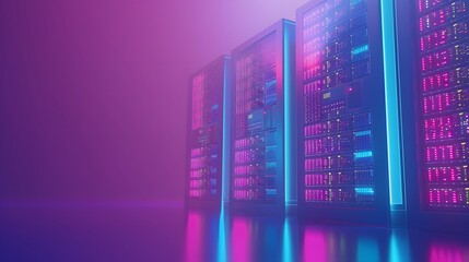 Modern data center with glowing servers in neon pink and blue light, showcasing futuristic technology and digital connectivity.
