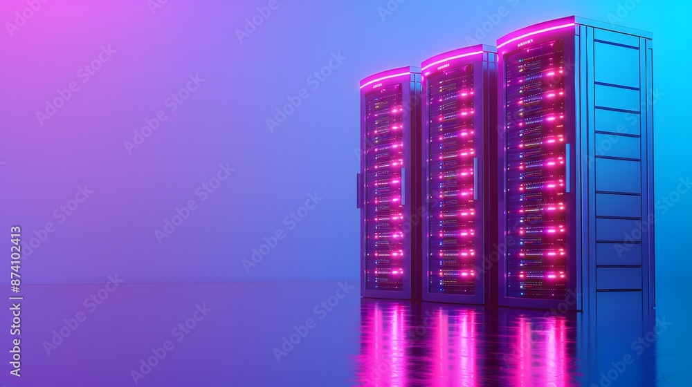 Poster modern data center with illuminated server racks in a vibrant color environment, showcasing advanced