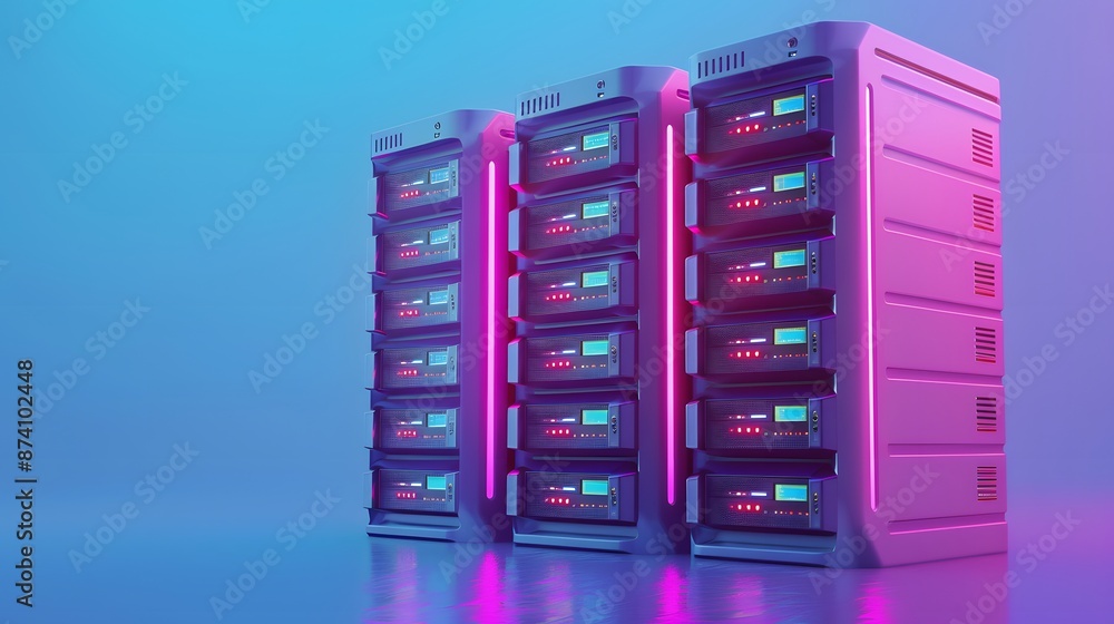 Poster modern data center with illuminated server racks in a vibrant, tech-inspired setting showcasing adva