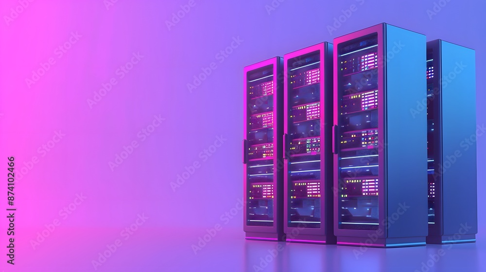 Poster modern data center with illuminated server racks in a vibrant purple-pink gradient background, repre