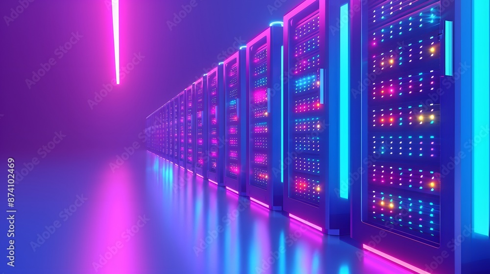 Poster modern data center with illuminated server racks in vibrant neon colors, showcasing advanced technol