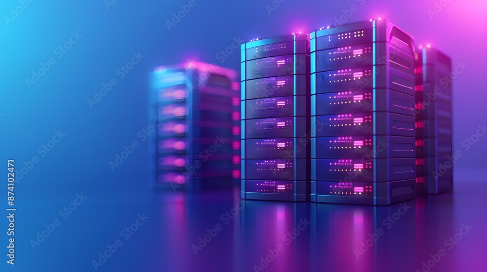 Poster modern data center with illuminated server racks, showcasing advanced technology infrastructure in v