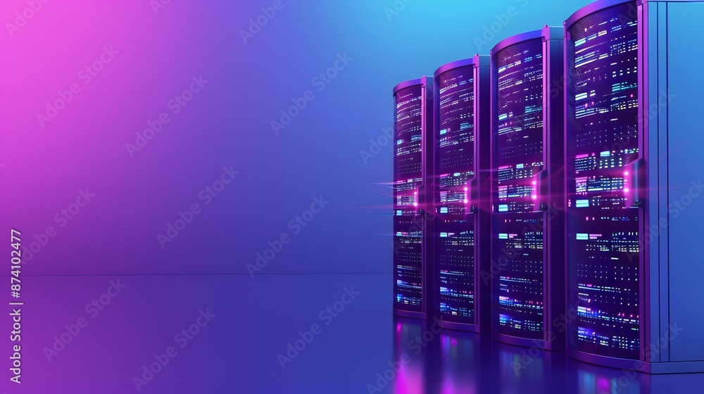 Poster modern data center with illuminated server racks, showcasing vibrant colors and advanced technology 
