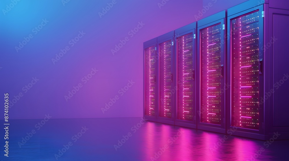 Poster modern data center with illuminated servers showcasing advanced technology and network hardware for 