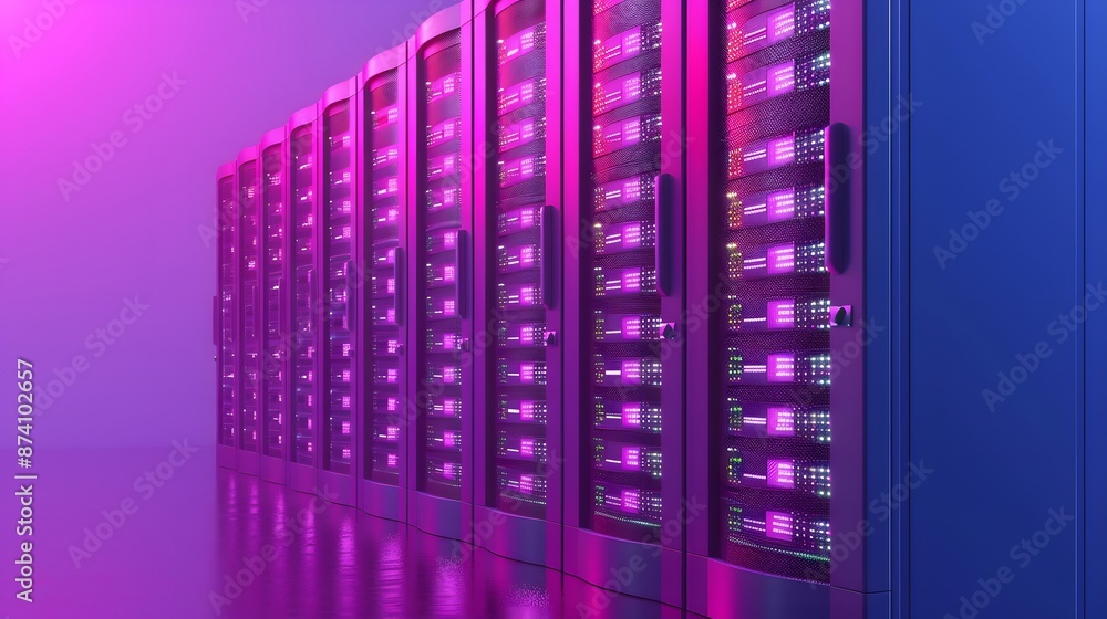 Poster modern data center with rows of server racks illuminated by vibrant purple lighting, showcasing cutt