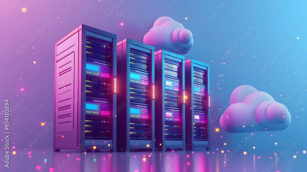 Poster modern data center with server racks and cloud technology concept, illuminated by vibrant lights aga