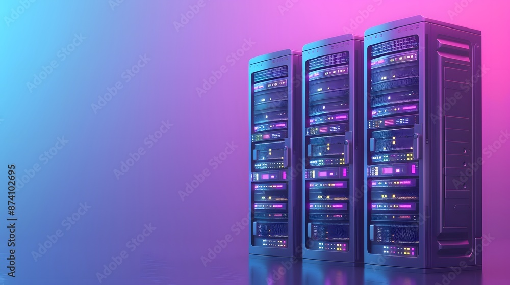 Poster modern data center with server racks and bright neon lighting, showcasing advanced technology infras