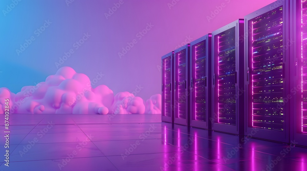 Poster modern data center with vibrant pink lighting and cloud computing visualization. concept of cloud st