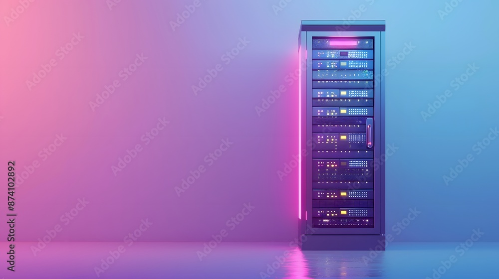 Poster modern data server in a futuristic room with vibrant pink and purple lighting, showcasing advanced t
