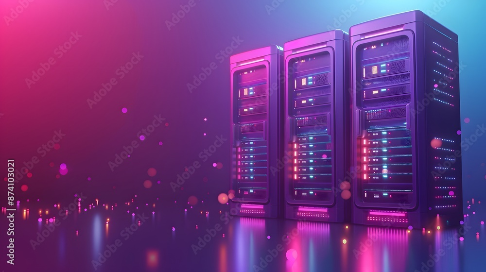 Poster modern data server racks illuminated by vibrant colorful lights, representing advanced technology an