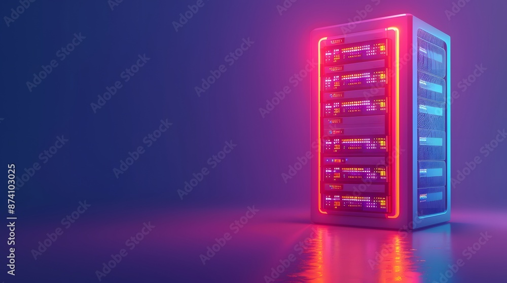 Poster modern data server rack with neon lights in a dark room, representing futuristic technology and data