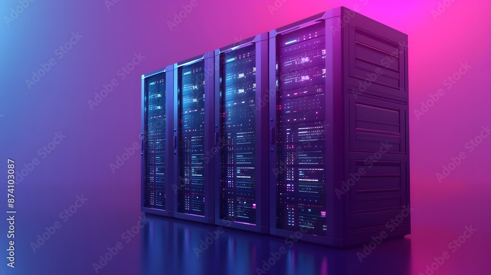 Poster modern data server racks in a colorful, futuristic setting. high-tech infrastructure for data storag